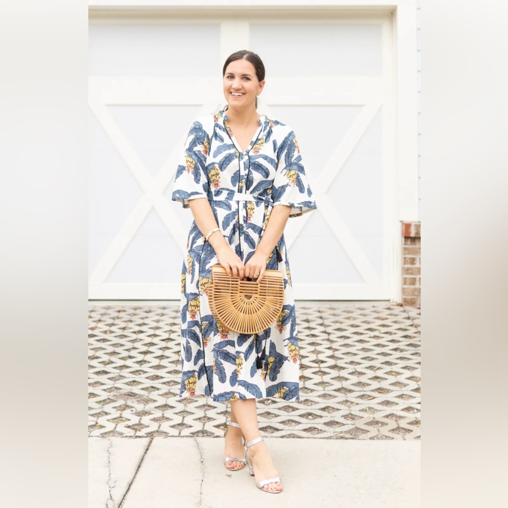 H&M White Midi Dress with Blue and Yellow Tropical Print - Picture 4 of 16